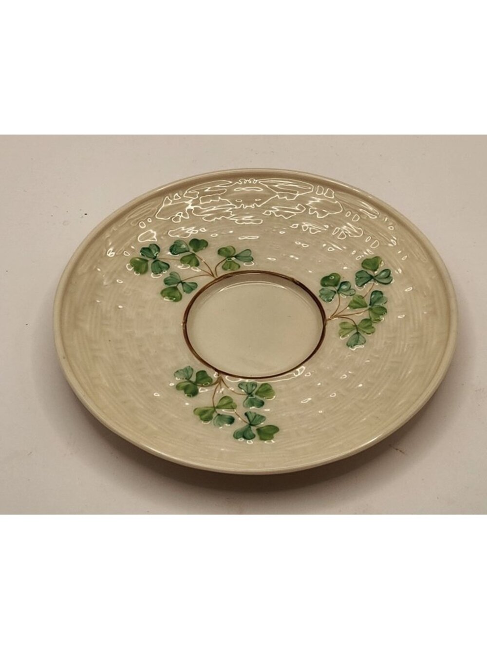 Belleek 7th Generation Basketweave Saucer for Tea Cup Ivory Cream and Green Sham
